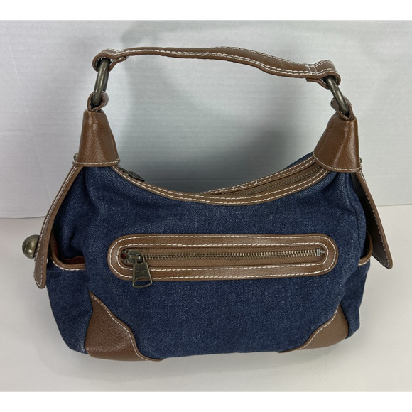 Y2K Gap Jeans 1969 Denim Hobo Shoulder Bag Brown Leather Trim Brass Zip Purse - Picture 3 of 16